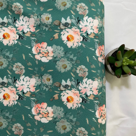 Muted Teal Green with Soft Pink and Peach Flowers